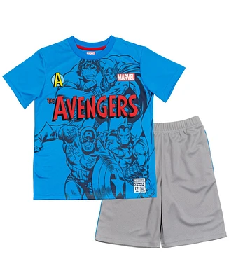 Marvel Boys Avengers Captain America Hulk Thor Iron Man T-Shirt and Mesh Shorts Outfit Set to