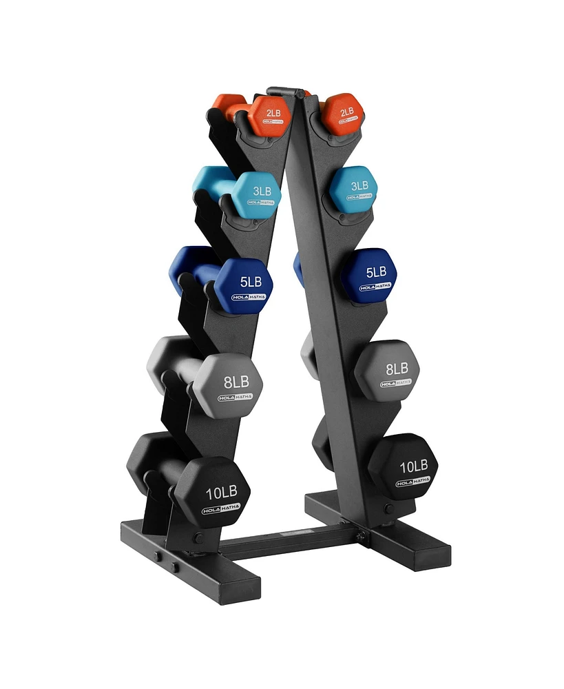 HolaHatha 2, 3, 5, 8 & 10 Pound Neoprene Dumbbell Weight Set with Storage Rack