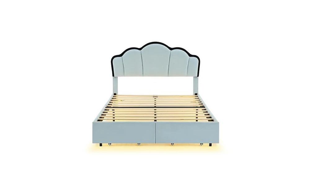 Slickblue Full Size Upholstered Princess Platform Bed with Led and 2 Storage Drawers