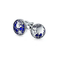 Bling Jewelry Traveler World Map Blue Round Dome Globe Cufflinks For Executive Men For Graduation Bullet Hinge Back Stainless Steel