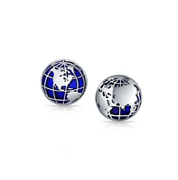 Bling Jewelry Traveler World Map Blue Round Dome Globe Cufflinks For Executive Men For Graduation Bullet Hinge Back Stainless Steel