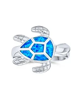 Bling Jewelry Nautical Tropical Beach Vacation Sea Mom Mother Children Tortoise Family Trio Iridescent Blue Created Opal Inlay Turtle Ring For Women