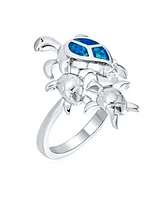 Bling Jewelry Nautical Tropical Beach Vacation Sea Mom Mother Children Tortoise Family Blue Created Opal Inlay Turtle Ring For Women .925 Sterling Sil