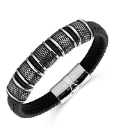 Rhona Sutton Black Vanguard Gun Metal Leather Stainless Steel Bracelet