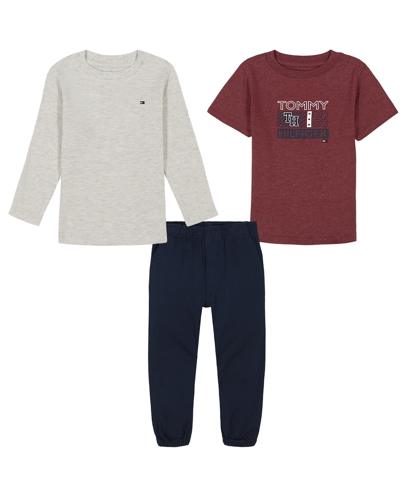 Tommy Hilfiger Baby Boy Long Sleeve Heather Thermal, Short Logo Tee Twill Joggers, 3-Piece Set