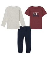 Tommy Hilfiger Baby Boy Long Sleeve Heather Thermal, Short Logo Tee Twill Joggers, 3-Piece Set