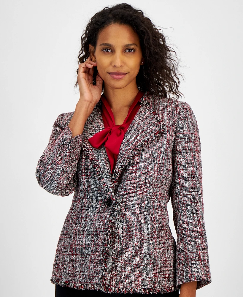 Kasper Women's One-Button Fringe Tweed Blazer, Regular & Petite Sizes