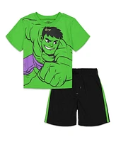 Marvel Boys Avengers Hulk Iron Man Spider-Man T-Shirt and Mesh Shorts Outfit Set to