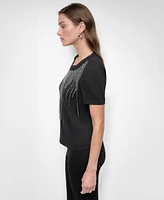 Dkny Women's Crewneck Embellished-Fringe Short-Sleeve Top