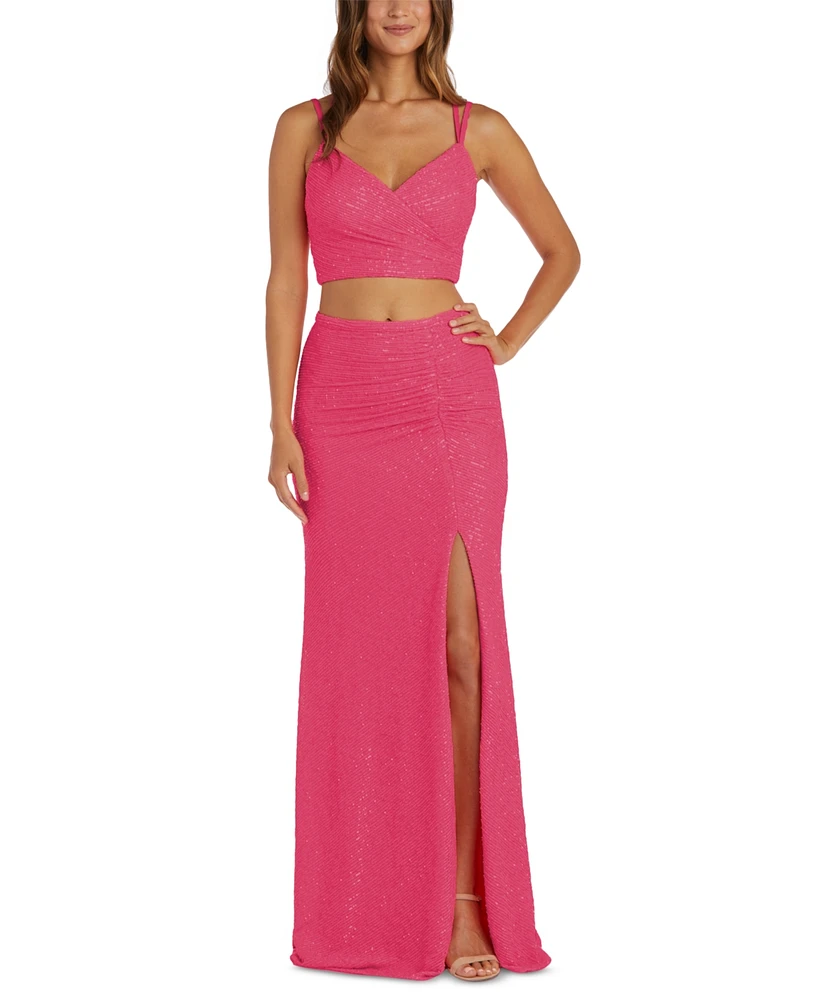 Morgan & Company Juniors' V-Neck Sequin Top Skirt Gown