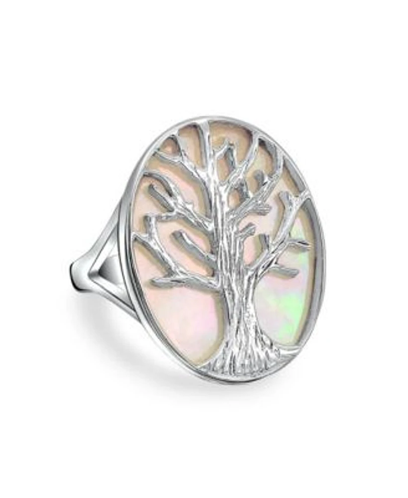 Bling Jewelry Large Statement Iridescent Oval Abalone Rainbow White Mother Of Pearl Family Wishing Tree Of Life Ring For Women Wife .925 Sterling Silver