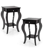 Gymax 2PCS End Table Accent Side Table Nightstand w/ Drawer & Bottom Shelf Brown