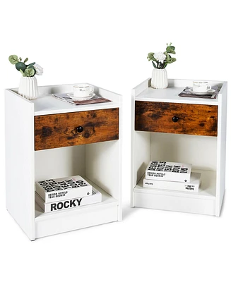 Gymax Set of 2 Nightstand with Drawer Cabinet End Side Table Raised Top Rustic Brown