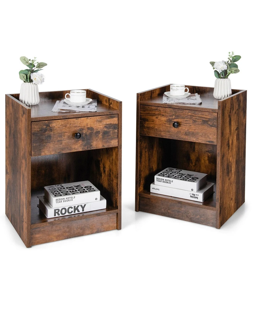 Gymax Set of 2 Nightstand with Drawer Cabinet End Side Table Raised Top Rustic Brown