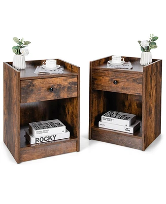 Gymax Set of 2 Nightstand with Drawer Cabinet End Side Table Raised Top Rustic Brown