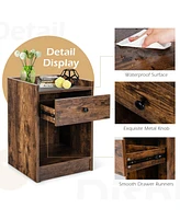 Gymax Set of 2 Nightstand with Drawer Cabinet End Side Table Raised Top Rustic Brown