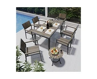 Pamapic 8-Piece Aluminum Teak Outdoor Patio Dining Set with Rectangle Table, Small Side Table and 6-Stackable Chairs