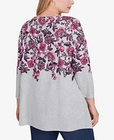 Ruby Rd. Plus Size Split Neck Floral Vine Placement Hatchi Knit Sharkbite Top