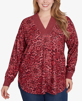 Ruby Rd. Plus Size V-Neck Leopard Medallion Print Hatchi Knit Top