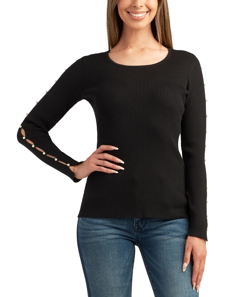 Bcx Juniors' Embellished-Sleeve Ribbed Crewneck Sweater