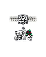 Bling Jewelry Holly Leaf Dangling Word "Merry Christmas" Charm Bead .925 Sterling Silver