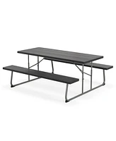 Costway Folding Picnic Table with Wood-like Tabletop, Umbrella Hole, 2 Benches for 8 Person