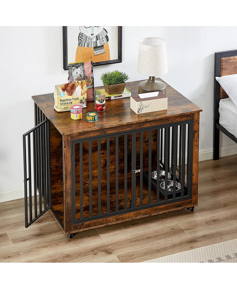 Slickblue Furniture Style Dog Crate Side Table with Built-In Feeding Bowl – Stylish and Functional