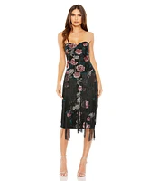 Mac Duggal Women's Strapless Floral Embroidered Midi Dress With Fringe Detailing