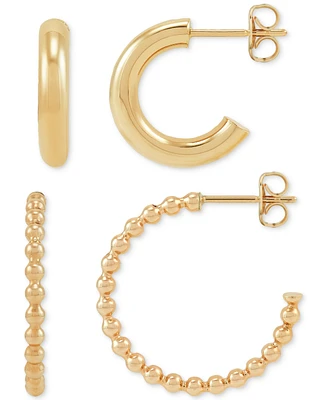 2-Pc. Set Polished & Beaded Small Hoop Earrings in 10k Gold, 1/2" & 3/4"