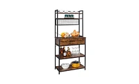 Slickblue 5-Tier Kitchen Bakers Rack – Rustic Brown, with 10 S-Shaped Hooks, 1 Drawer, and Industrial Microwave Oven Stand