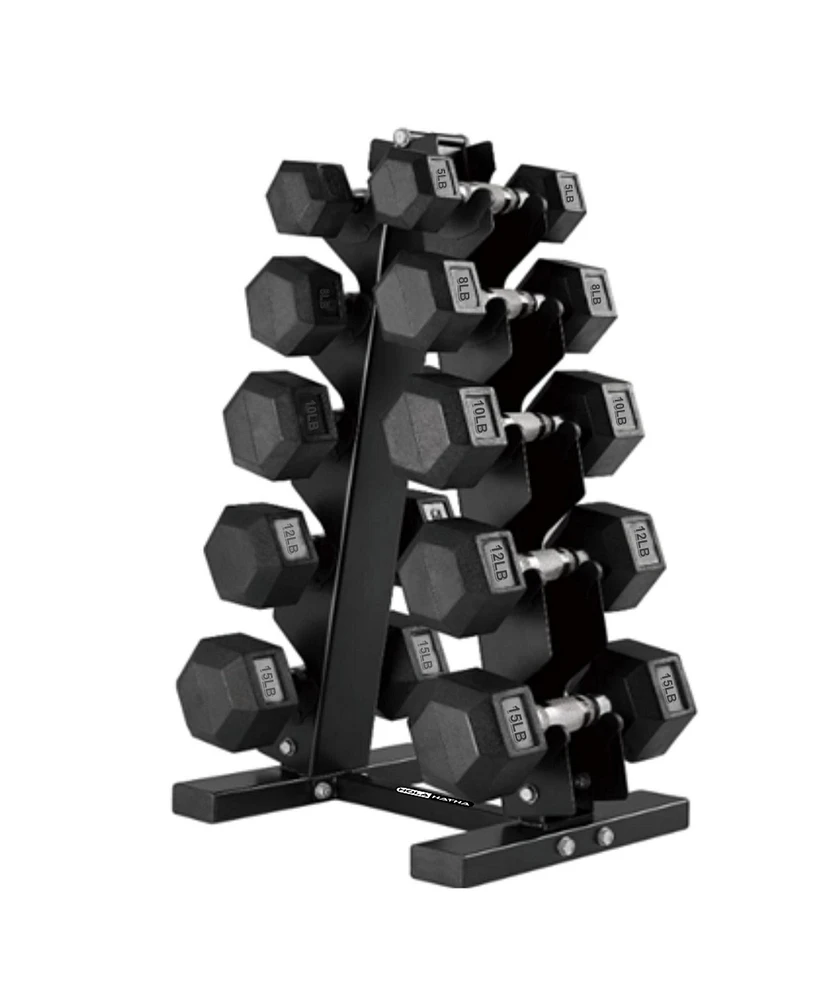 HolaHatha 5, 8, 10, 12 & 15 Pound Hexagonal Dumbbell Weight Set with Rack, Black