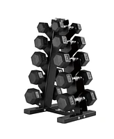 HolaHatha 5, 8, 10, 12 & 15 Pound Hexagonal Dumbbell Weight Set with Rack, Black