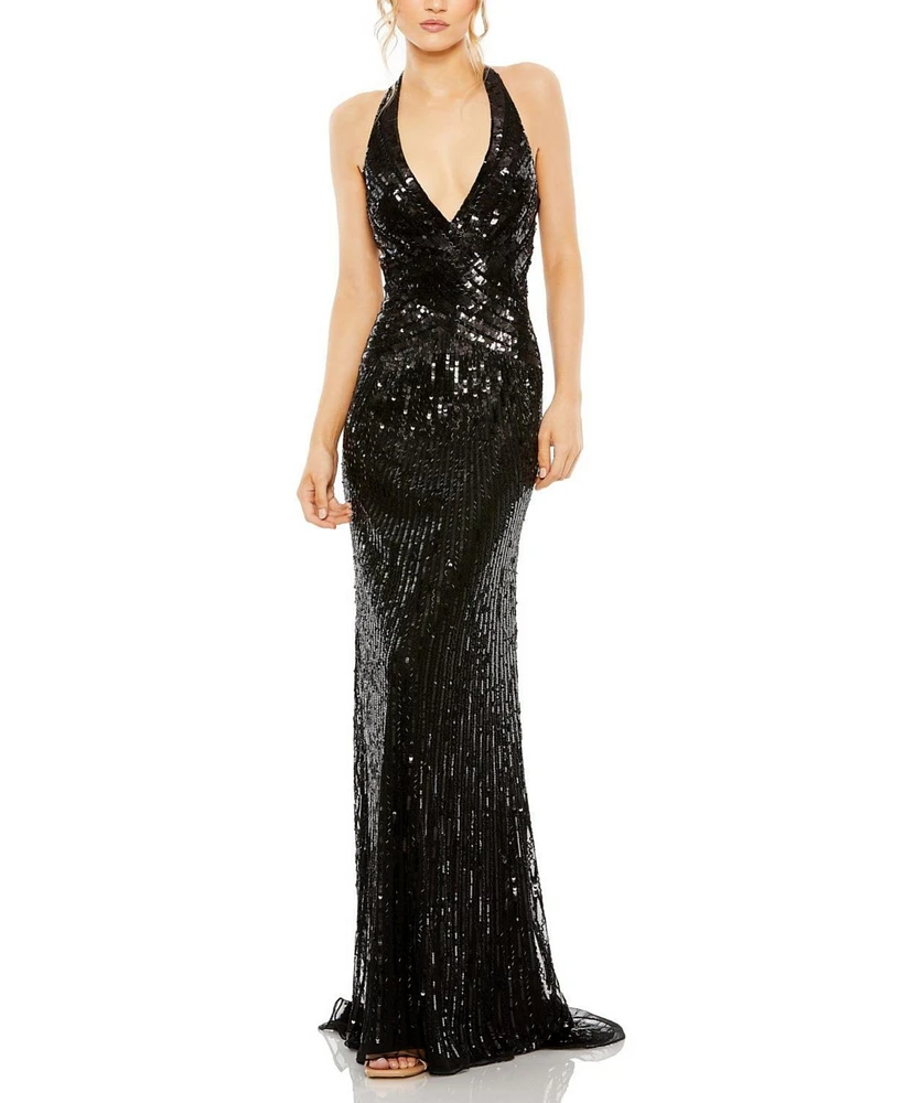 Mac Duggal Women's Sleeveless Faux Wrap Sequin Embellished Cut Out Back