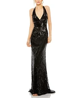 Mac Duggal Women's Sleeveless Faux Wrap Sequin Embellished Cut Out Back