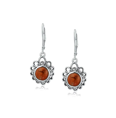 Bling Jewelry Bali Style Round Disc Flower Orange Red Coral Lever back Earrings For Women Sterling Silver