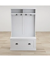 Slickblue Entryway Hall Tree with Coat Rack: 4 Hooks, Storage Bench & Shoe Cabinet - White