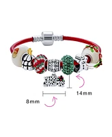 Bling Jewelry Merry Christmas Theme Holiday Santa Clause Gingerbread Man Beads Multi Charm Bracelet Red Leather For Women .925 Sterling Silver Europea