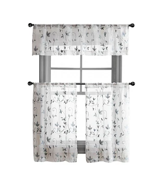 Kate Aurora Floral Embroidered Sheer Rod Pocket Kitchen Curtain Tier & Valance Set - 58 in. W x 15 in. L, Gray