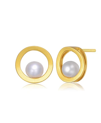 Genevive Sterling Silver 14k Gold Plated with Genuine Freshwater Round Pearl Stud Earrings