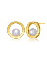 Genevive Sterling Silver 14k Gold Plated with Genuine Freshwater Round Pearl Stud Earrings