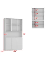 Famapy White Wood 9-Shelf Bookcase Bookshelf With Tempered Glass Doors