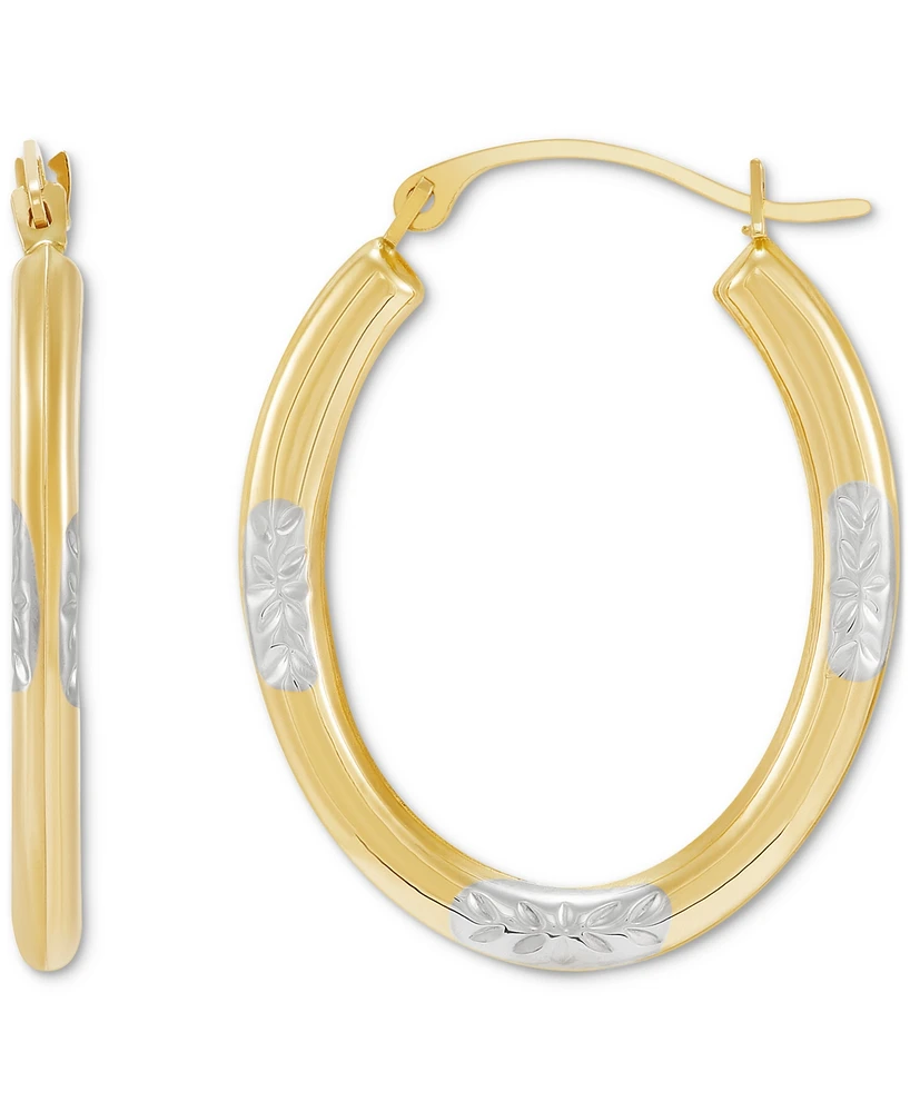 Polished & Textured Oval Two-Tone Small Hoop Earrings in 10k Gold, 1"