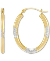 Polished & Textured Oval Two-Tone Small Hoop Earrings in 10k Gold, 1"