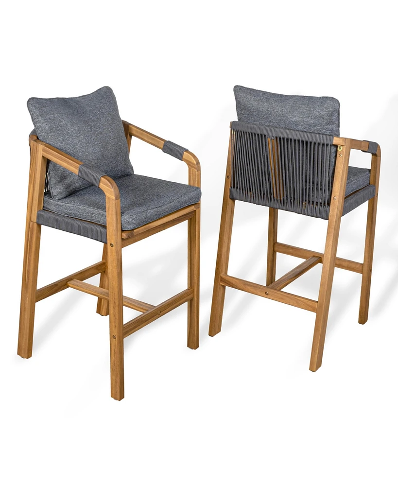 Jonathan Y Porto Modern Coastal Tub Roped Acacia Wood Outdoor Bar Stool with Cushions and Armrests (Set of 2)