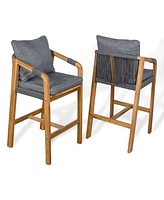 Jonathan Y Porto Modern Coastal Tub Roped Acacia Wood Outdoor Bar Stool with Cushions and Armrests (Set of 2)