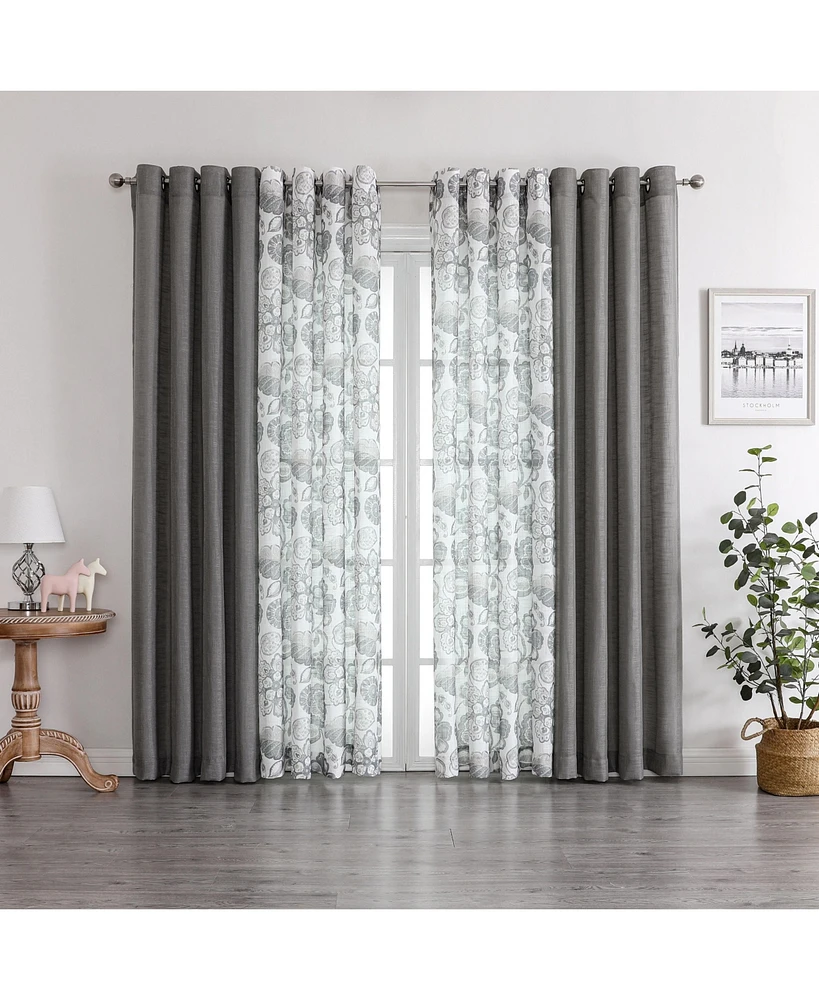 Kate Aurora Biscayne Bay Floral 4 Piece Coordinating Deluxe Flax Styled Sheer Grommet Top Curtains - Charcoal