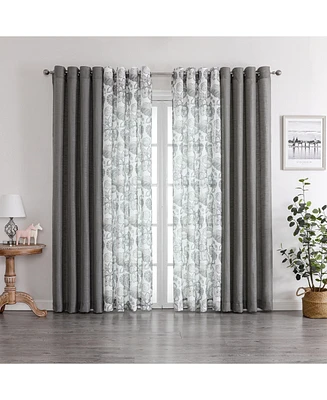 Kate Aurora Biscayne Bay Floral 4 Piece Coordinating Deluxe Flax Styled Sheer Grommet Top Curtains - Charcoal