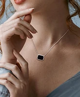 Black Agate Bead-Framed Rectangular 17" Pendant Necklace Sterling Silver (Also Hematite, Lapis, or Tiger Eye)