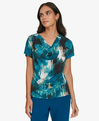 Calvin Klein Women's Printed Drape-Neck Short-Sleeve Top