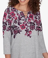 Ruby Rd. Petite Split Neck Floral Print Hatchi Knit Sharkbite Top with Bar Detail